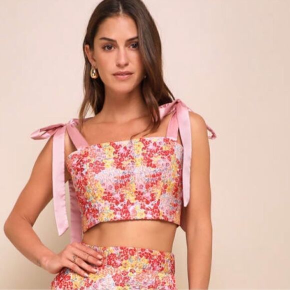 NWT Lulus Ellarina Pink Multi Metallic Tie-Strap Crop Top - Picture 1 of 13